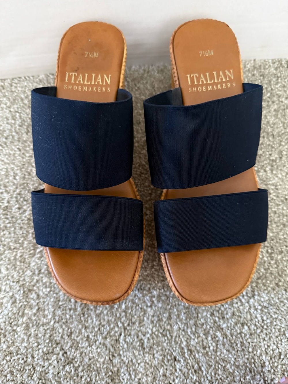 Italian Shoemakers Navy Double-Strap Espadrille Slide Sandals with Tan Footbed